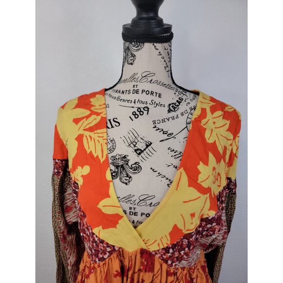 Free People Babydoll Boho Top SZ S Aloha State of Mind Patchwork Festival Hippie - Picture 4 of 11